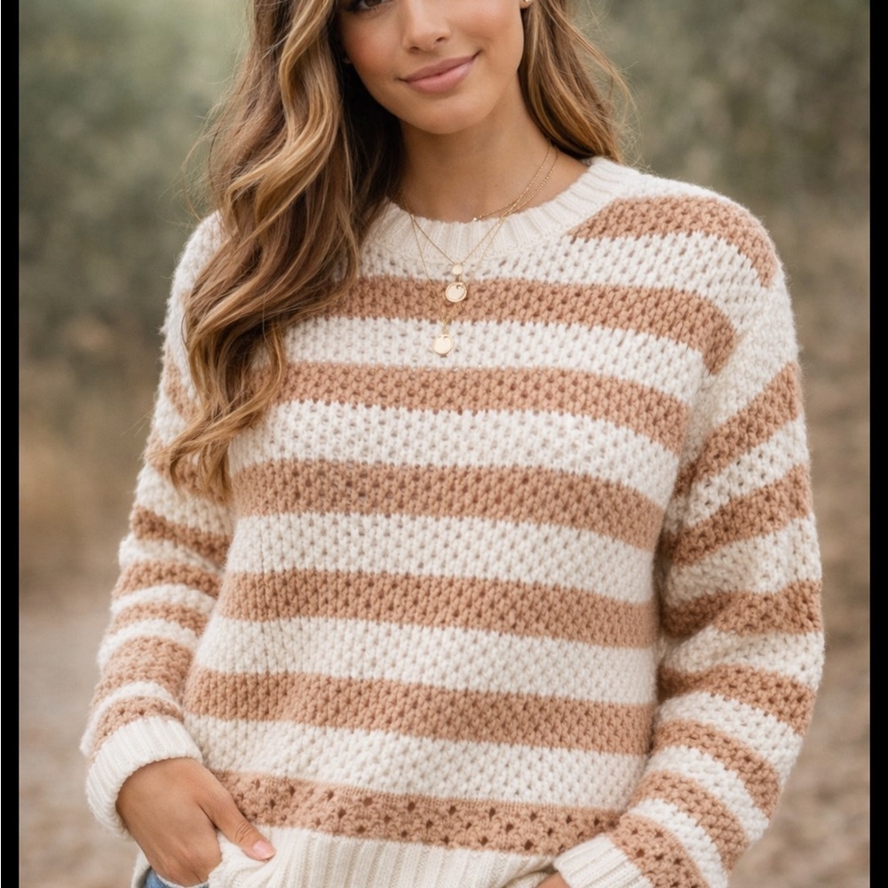 Elan Cozy Stripe Cotton Sweater XL Neutral Boho Chunky Knit Pullover - Picture 2 of 16